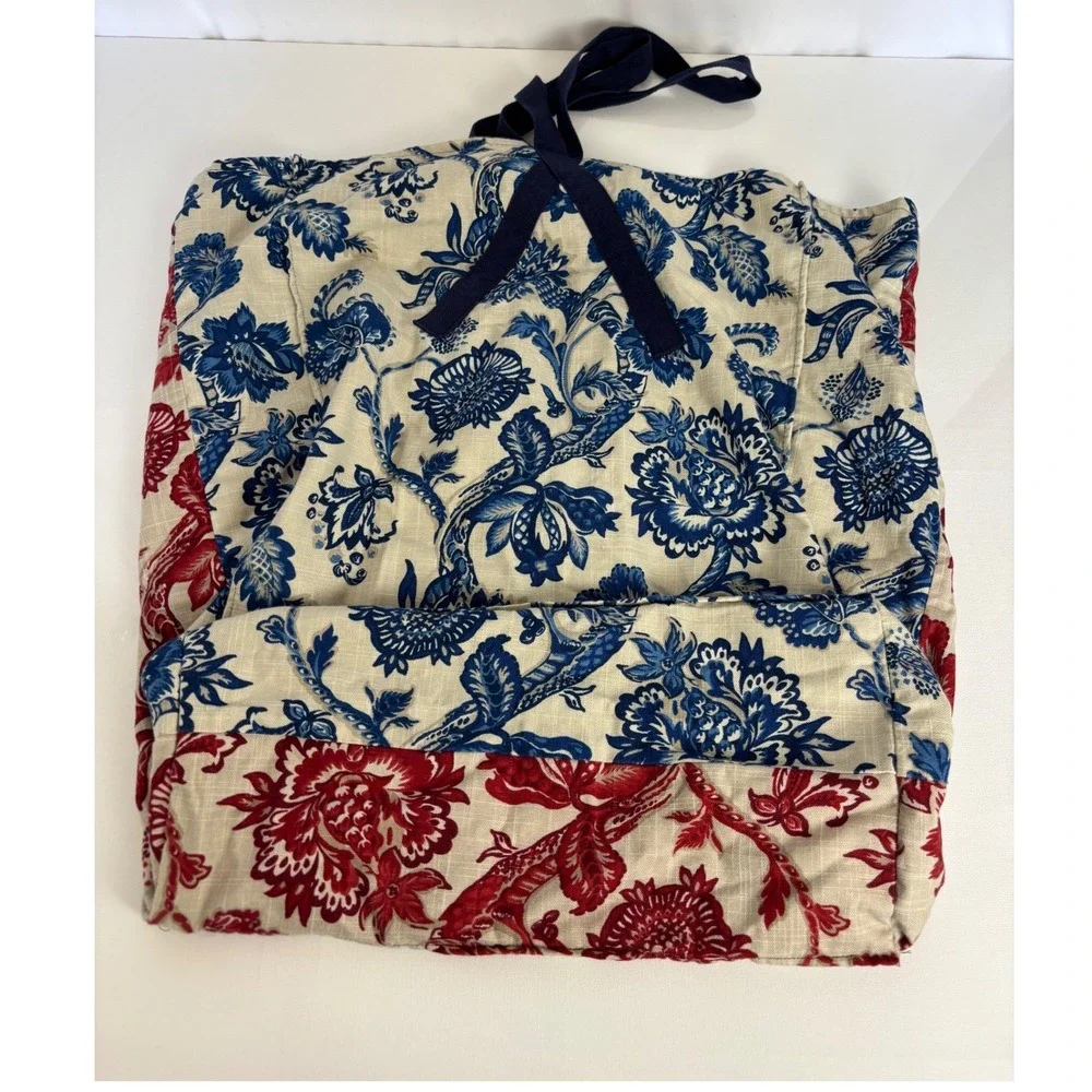 Floral Chintz Toile Canvas Tote Bag Blue Red White Reversible Large Handmade